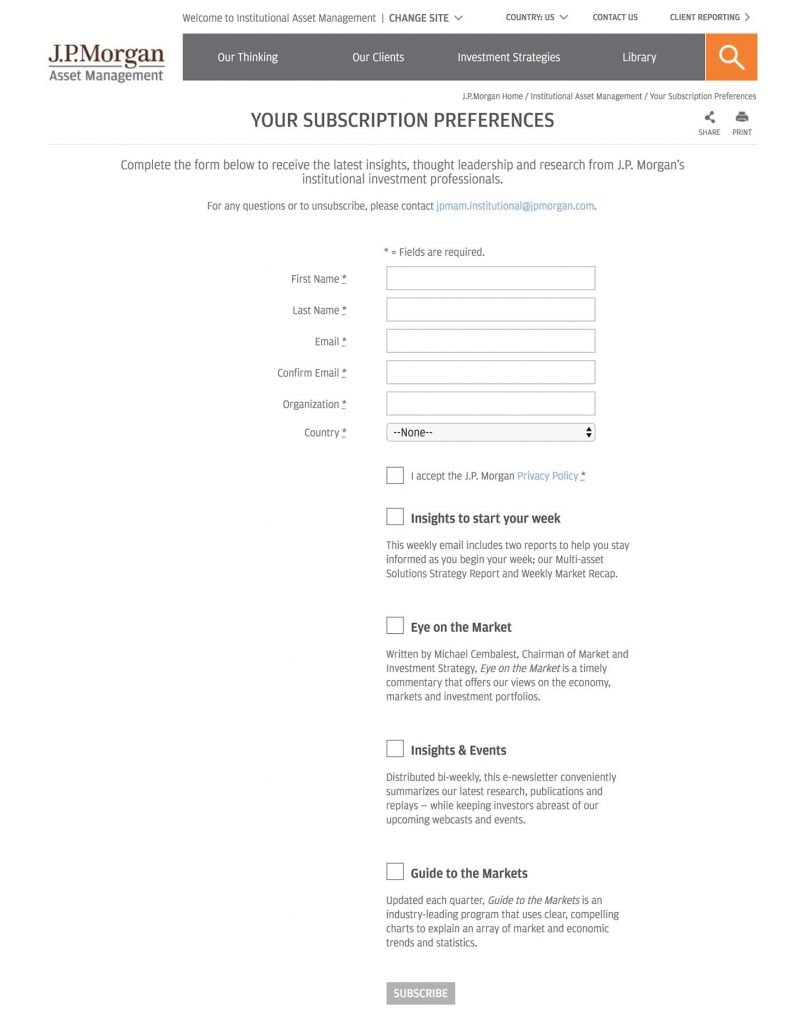 8 Examples of fund manager email subscription pages 4