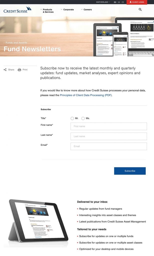 8 Examples of fund manager email subscription pages 6
