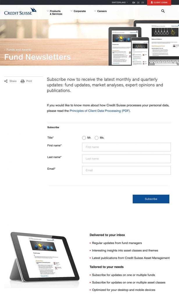 8 Examples of fund manager email subscription pages 6