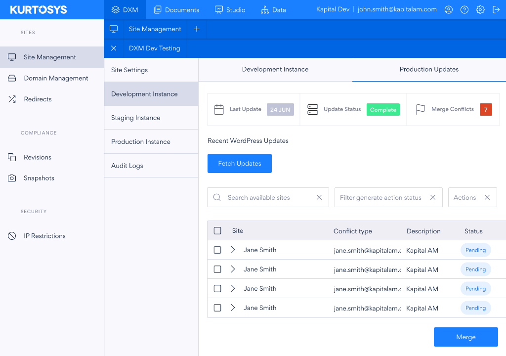 Kurtosys DXM - Site Management - Production Updates