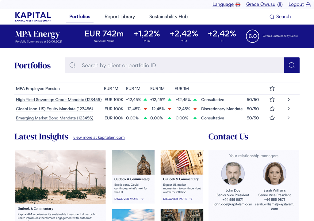 Kapital portfolio dashboard example