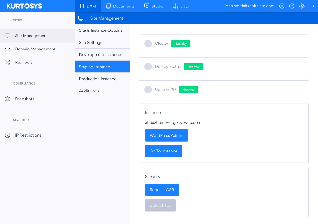 Kurtosys DXM - Site Management dashboard sample