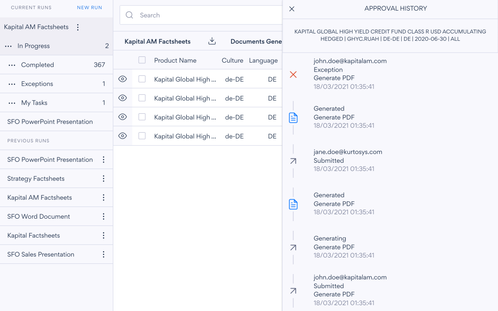 Kurtosys - document production center - approval history - sample