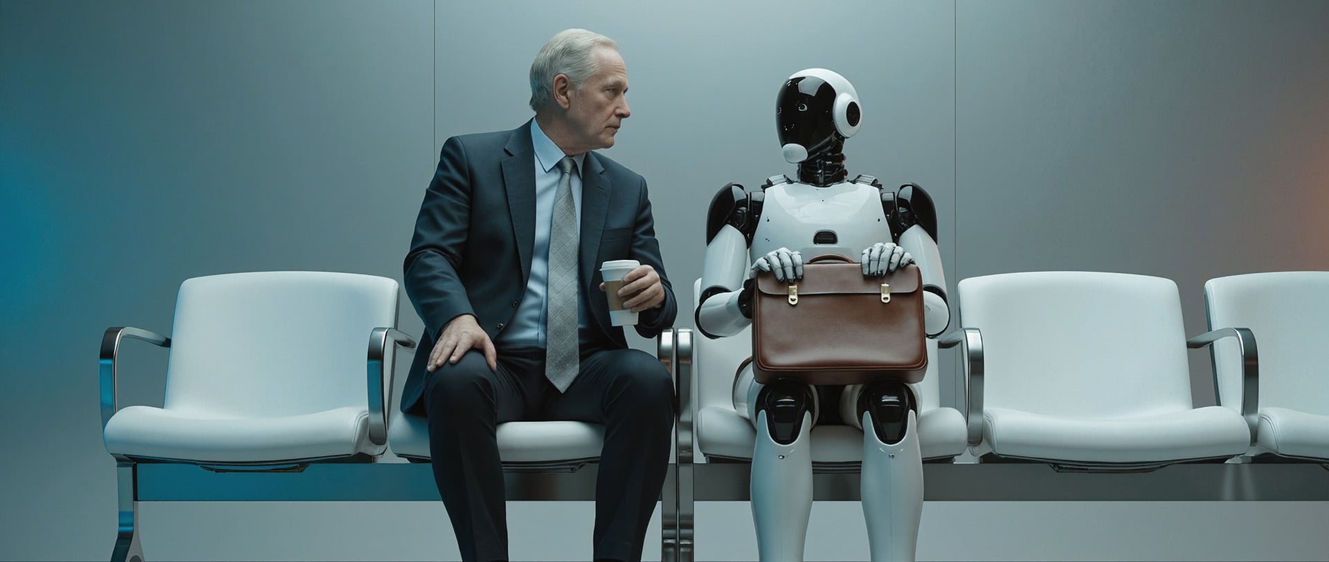 AI generated - a business man seated next to a robot clutching a briefcase