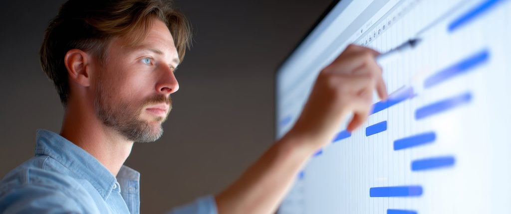 Project planning - male planning project timeline on illuminated white board