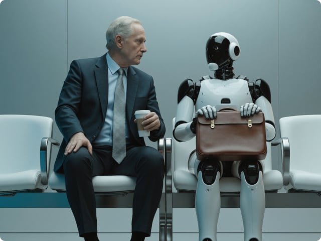 A man in a business suit sits in a waiting room beside a humanoid robot holding a leather briefcase, both facing forward as the man glances curiously at the robot while holding a coffee cup.