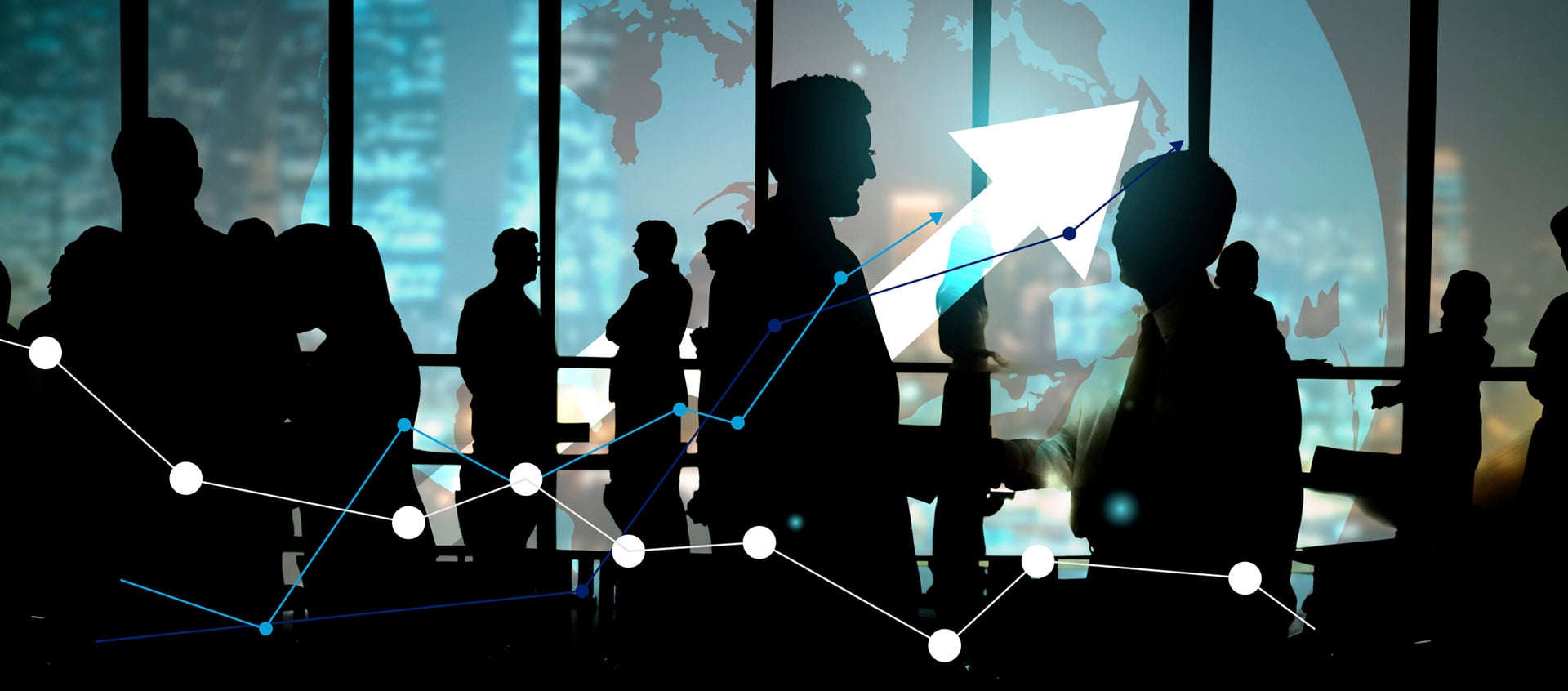 Alt text: Silhouettes of business professionals networking and shaking hands in a modern office setting, overlaid with rising line graphs and an upward arrow symbolizing growth and financial performance