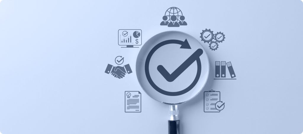 A magnifying glass highlighting a checkmark with a circular arrow, surrounded by icons representing compliance elements such as financial reporting, contracts, teamwork, processes, records, and checklists