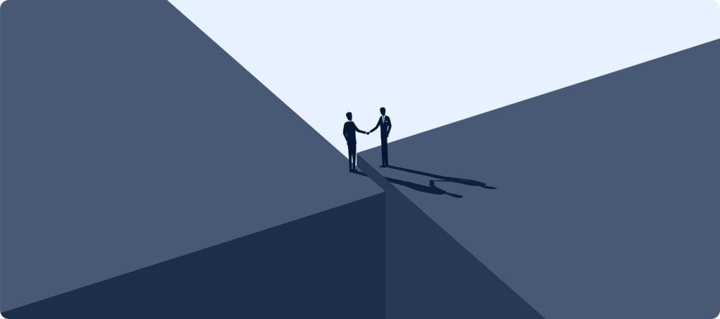 Two business silhouettes shaking hands at the meeting point of two converging geometric planes, symbolizing partnership, agreement, or collaboration