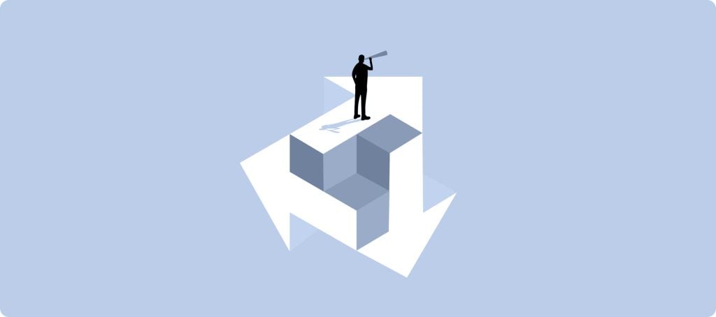 A silhouette of a person looking through a telescope, standing atop a 3D cube surrounded by directional arrows, symbolizing strategic vision and leadership