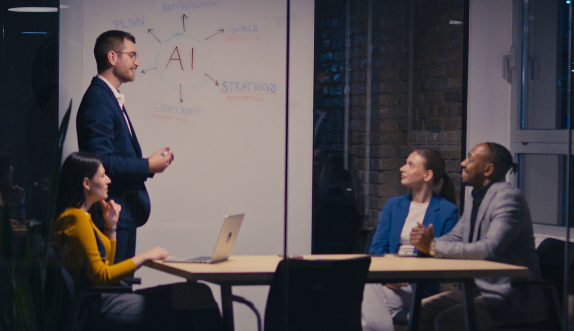 A man in a navy suit stands at a whiteboard presenting to three seated colleagues in a meeting room, with “AI” circled at the centre of a diagram linking plan, goals, strategy and content